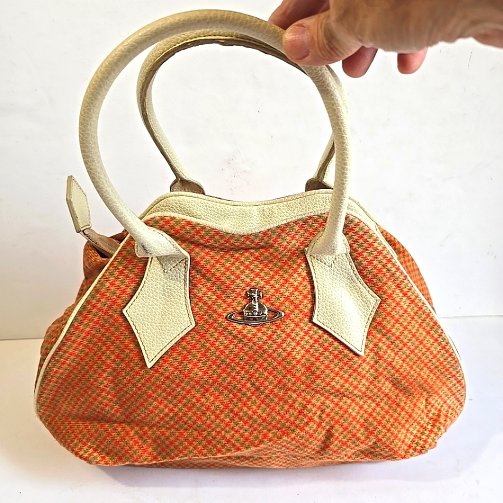 Vivienne Westwood Rare Orange Houndstooth and Cream Checkered Satchel